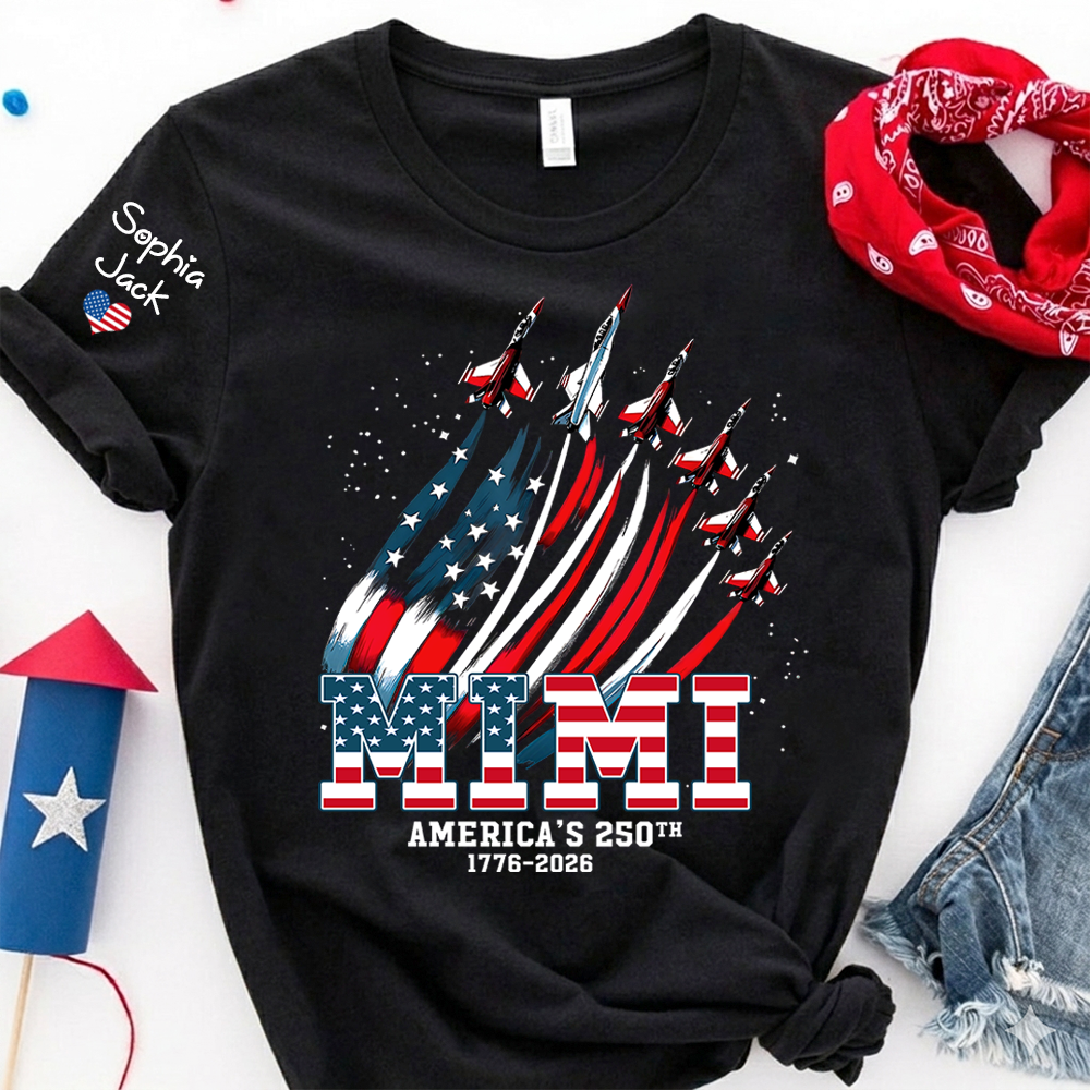 Personalized Mimi America’s 250th Anniversary Shirt, Custom Grandma Nana Gigi Patriotic T Shirt, USA Flag 4th of July Family Apparel