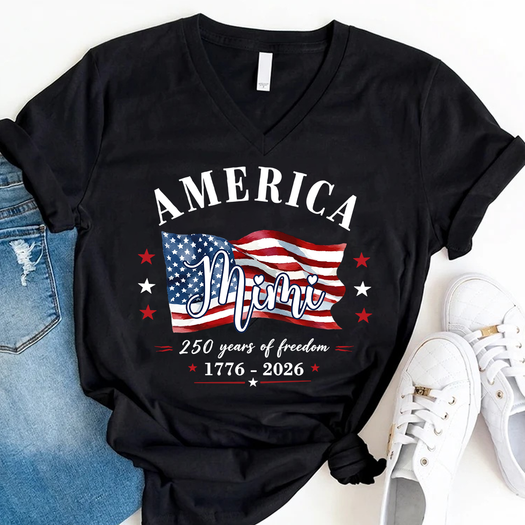 Personalized Mimi America 250 Years of Freedom V-Neck Shirt, Patriotic American Flag Shirt, 1776 2026 USA Celebration, Independence Day Birthday Gift for Mimi Nana Gigi