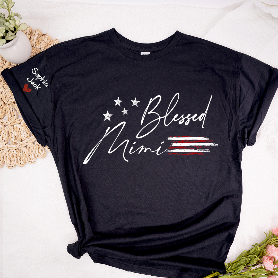 Personalized Blessed Mimi Flag American T-shirt, Custom Family Nickname Shirt with USA Flag Design for 4th of July, Perfect for Nana, Gigi, Grandma