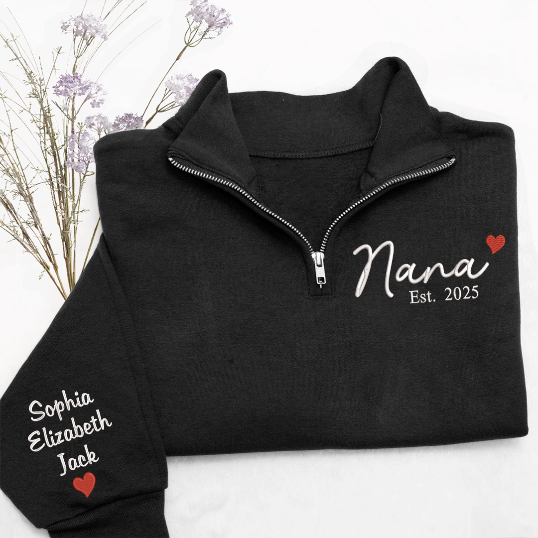 Nana Heart Sweatshirt, Personalized Nana And Grandkids Embroidered Quarter Zip Sweater