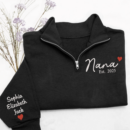 Nana Heart Sweatshirt, Personalized Nana And Grandkids Embroidered Quarter Zip Sweater
