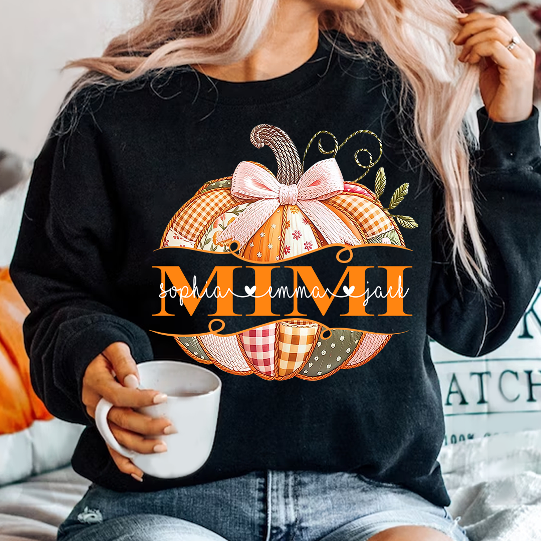 Mimi Pumpkin with Grandkids Name Design – Fall Gift for Grandma Sweatshirt