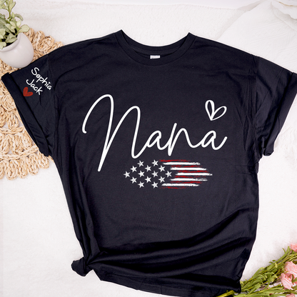 Personalized Nana American Flag T-Shirt, Custom Design with Name, Patriotic Family Shirt for 4th of July, Gifts for Mother's Day, Birthday