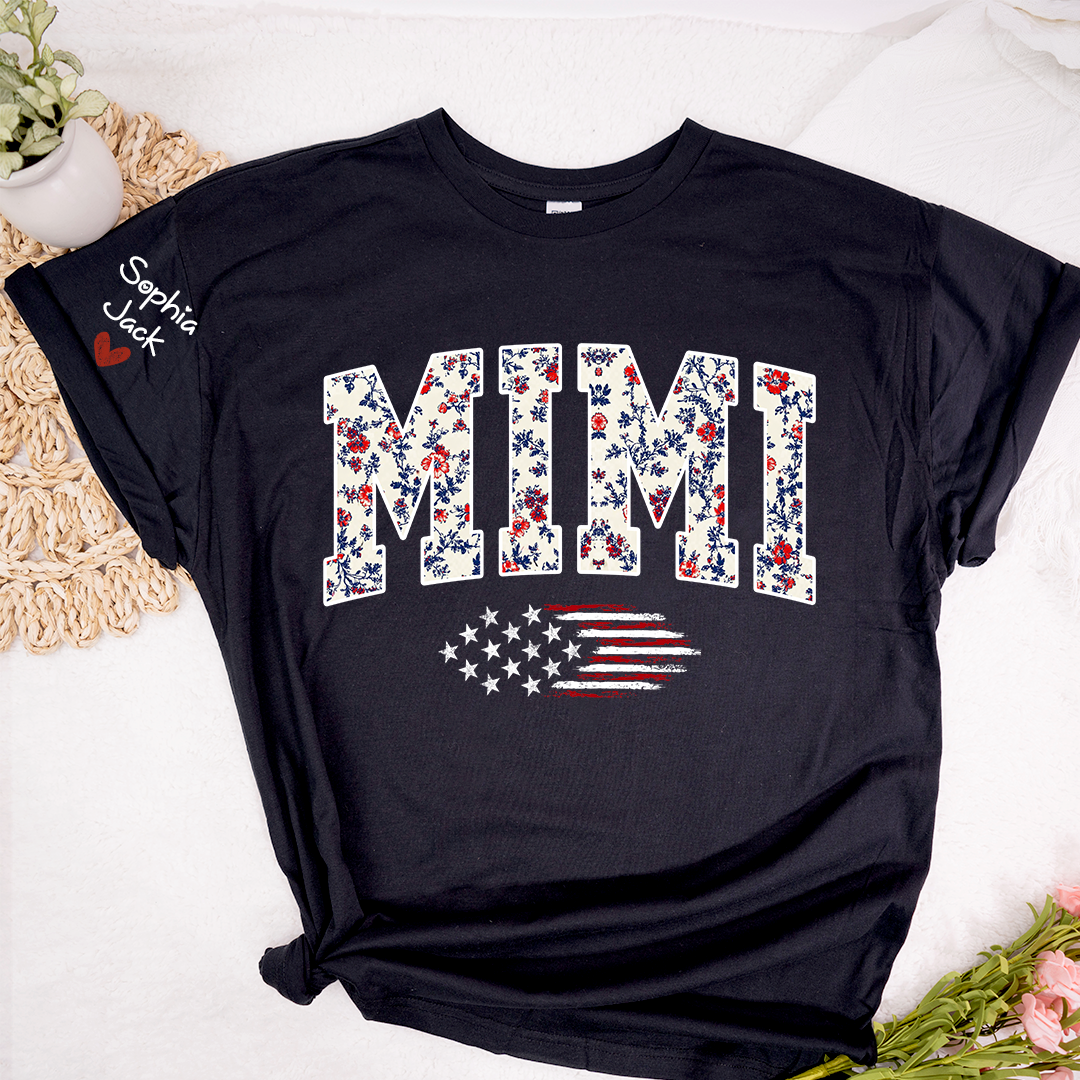 Personalized Floral Mimi Flag American T-shirt - Custom Family Nickname Shirt with USA Flag Design for 4th of July, Perfect for Nana, Gigi, Grandma