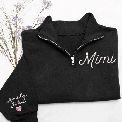 Mimi heart Pink Sweatshirt, Mimi And Grandkids Embroidered Quarter Zip Sweater