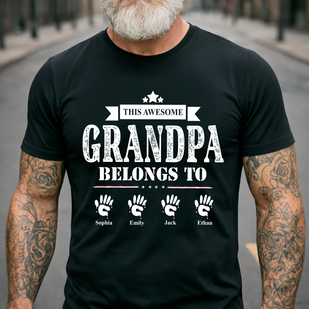 This Awesome Grandpa Belongs to Kids Shirt, Personalized Papa Tee with Kids Names, Patriotic Dad Shirt, Custom Grandpa Gift, 4th of July Family Shirt