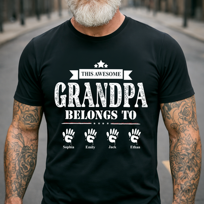 This Awesome Grandpa Belongs to Kids Shirt, Personalized Papa Tee with Kids Names, Patriotic Dad Shirt, Custom Grandpa Gift, 4th of July Family Shirt