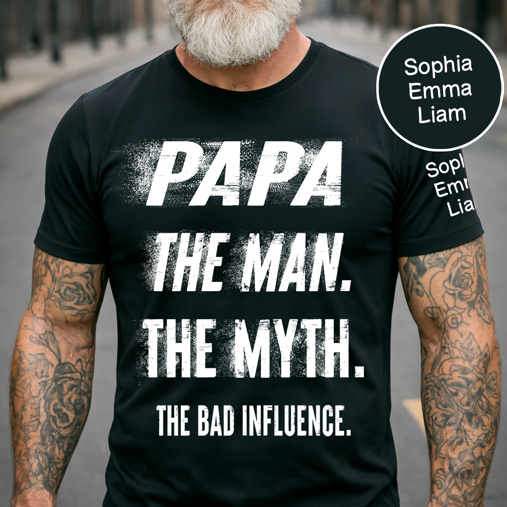 Personalized Papa Shirt with Kids Names, The Man Myth Bad Influence Grandpa Tee, Fathers Day Birthday Christmas Gift