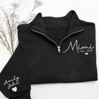 Mimi Heart Est Sweatshirt, Mimi And Grandkids Embroidered Quarter Zip Sweater