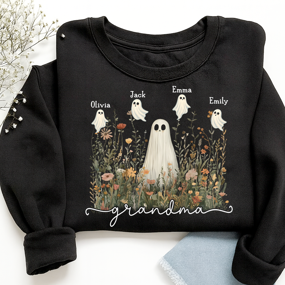 Grandma Cute Ghost in Wildflowers Halloween And Grandkids Sweatshirt