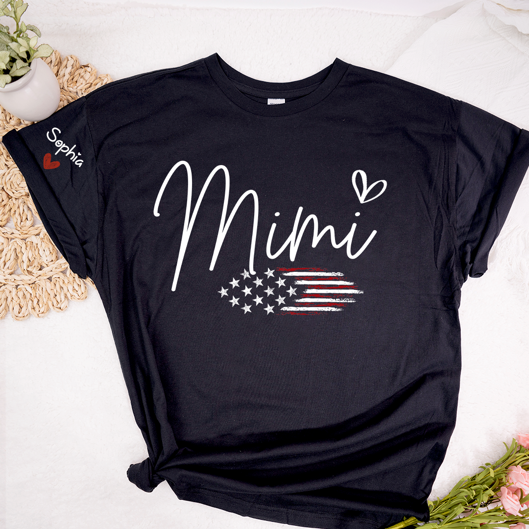 Personalized Mimi American Flag T-Shirt, Custom Design with Name, Patriotic Family Shirt for 4th of July, Gifts for Mother's Day, Birthday
