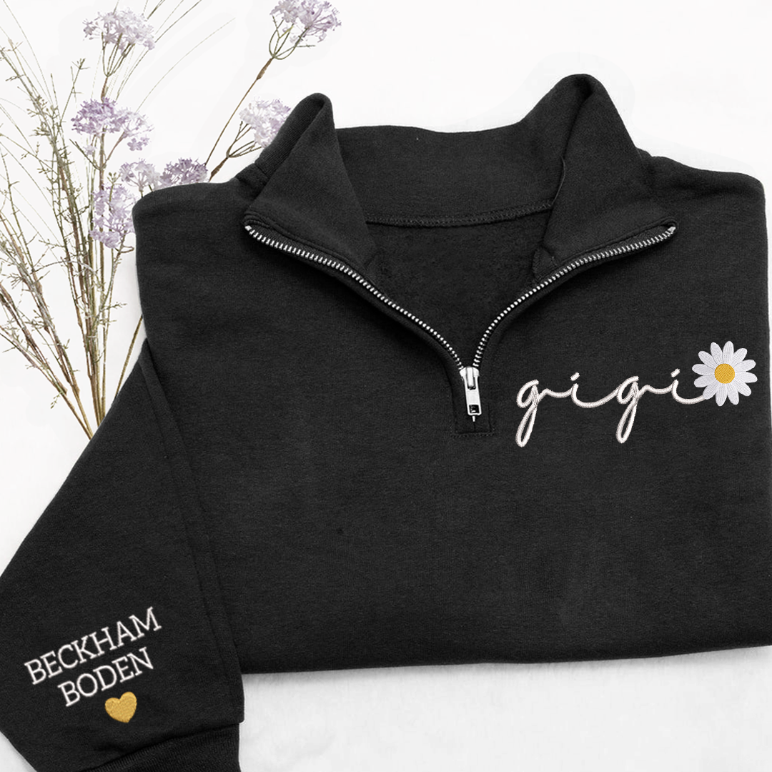 Custom Embroidered Gigi daisy flower Sweatshirt And Grandkids Quarter Zip Sweater