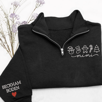 Custom Embroidered Mimi Merry Christmas Design, Gingerbread Sweatshirt And Grandkids Quarter Zip Sweater