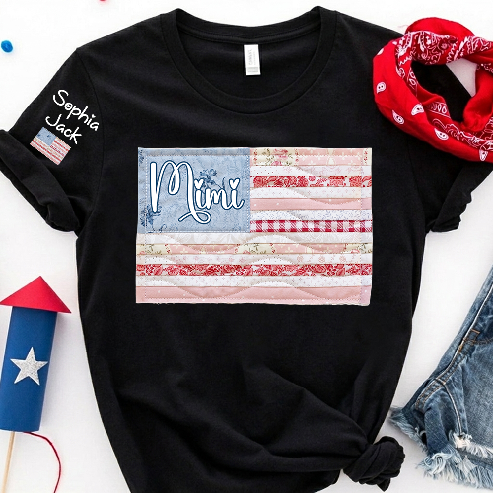 Personalized Mimi Patriotic Patchwork Flag Shirt with Custom Kids Names on Sleeve, Vintage Family Grandma Tee for Women, 4th of July Birthday Shirt