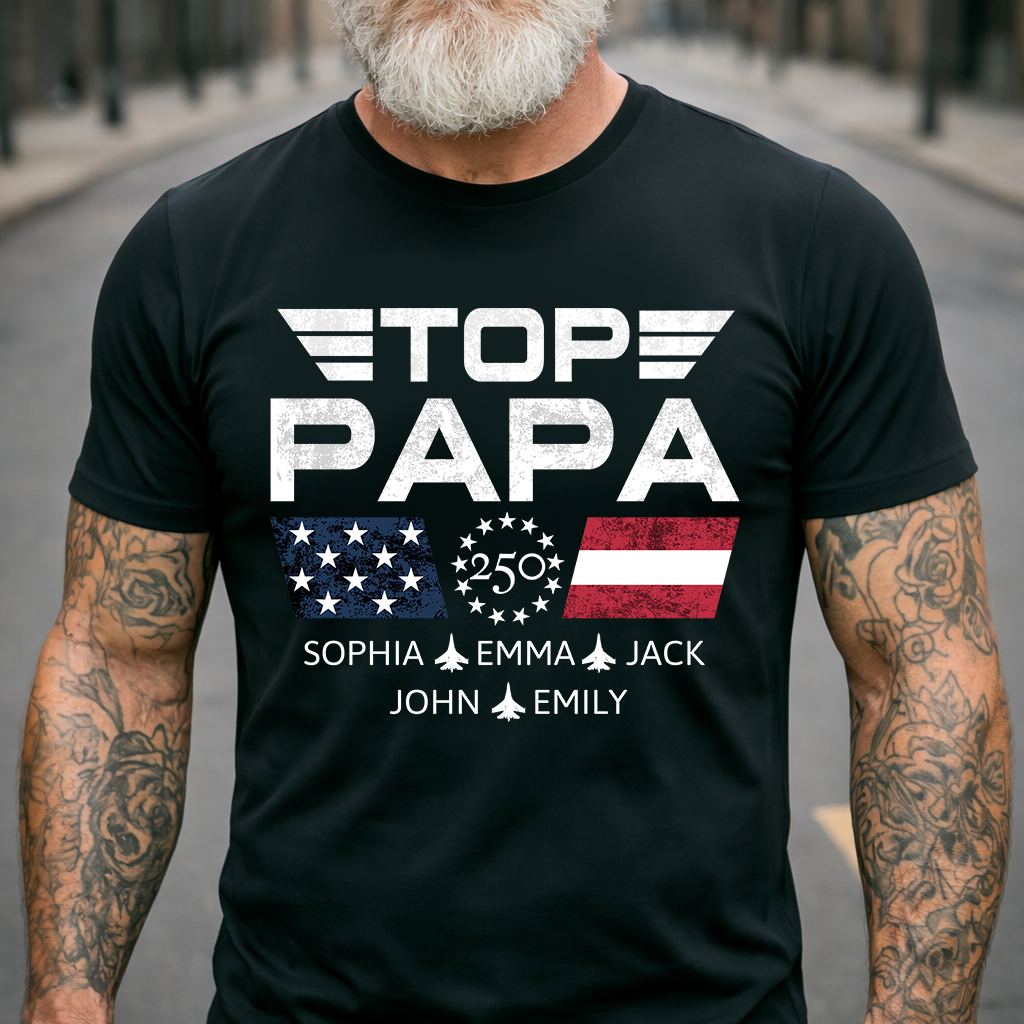 Personalized Top Papa Shirt with Custom Kids Names, Patriotic Airplane Grandpa T Shirt, U.S. 250th Anniversary Family Apparel for Fathers Day Birthday