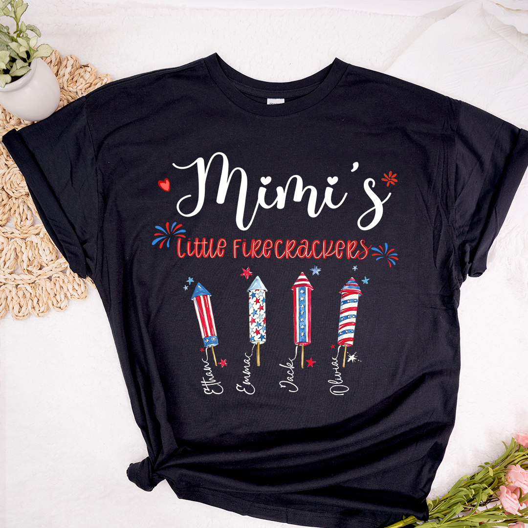 Personalized Mimi's Little Firecrackers T-shirt with Patriotic Fireworks Design, Grandma Gigi Mama Mimi Shirt for 4th of July, Patriotic Gift for Mother's Day