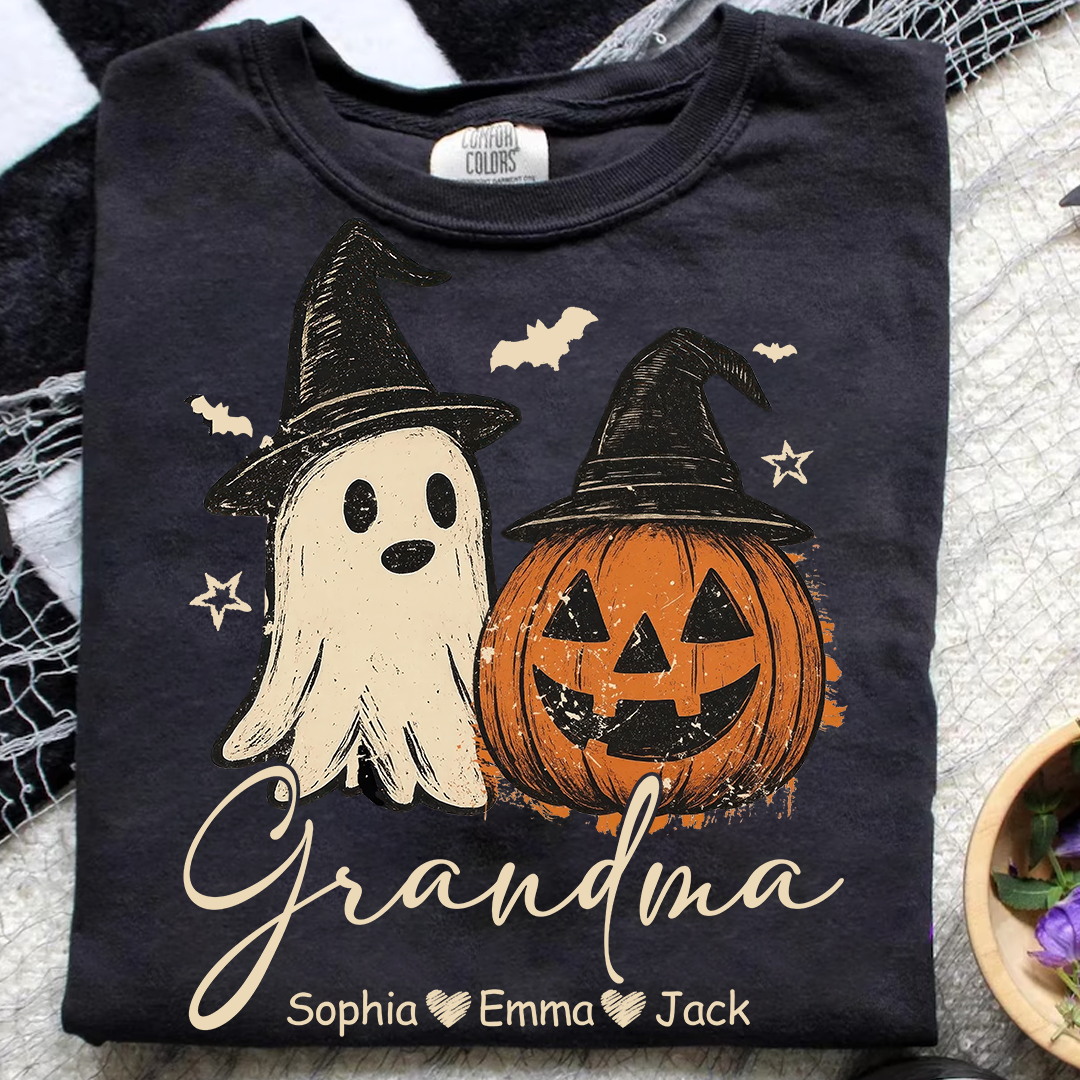 Comfort Colors® Grandma Floral Pumpkin, Ghost Pumpkin And Grandkids T-Shirt