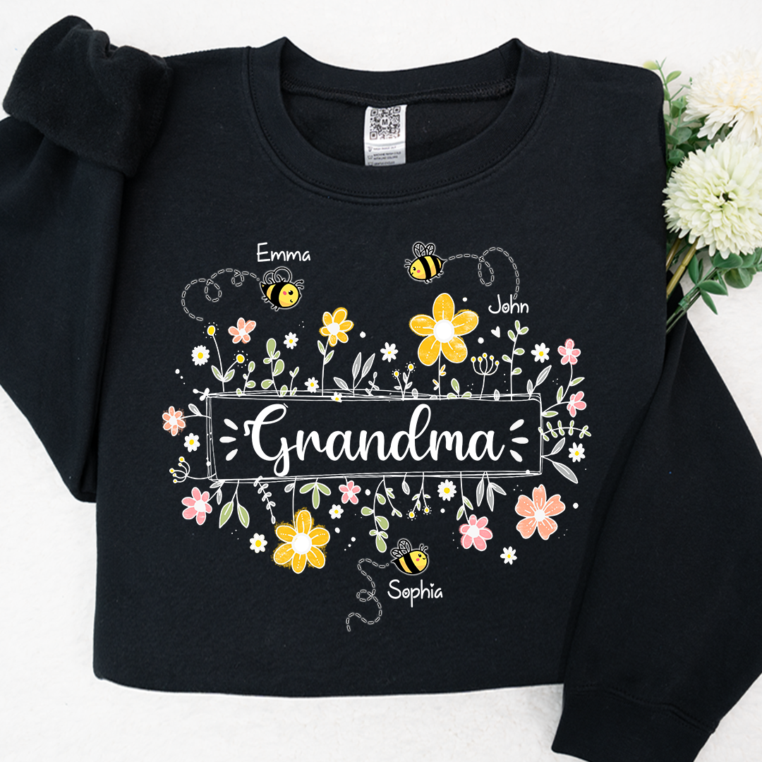 Personalized Grandma Bee Flower And Grandkids Sweatshirt