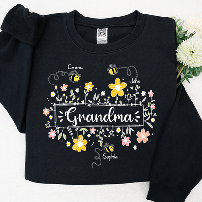 Personalized Grandma Bee Flower And Grandkids Sweatshirt