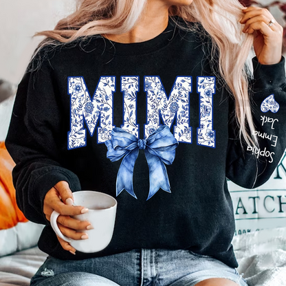 Mimi Floral Toile Blue Water Color Coquette Bow Gift For Grandma And Grandkids Sweatshirt