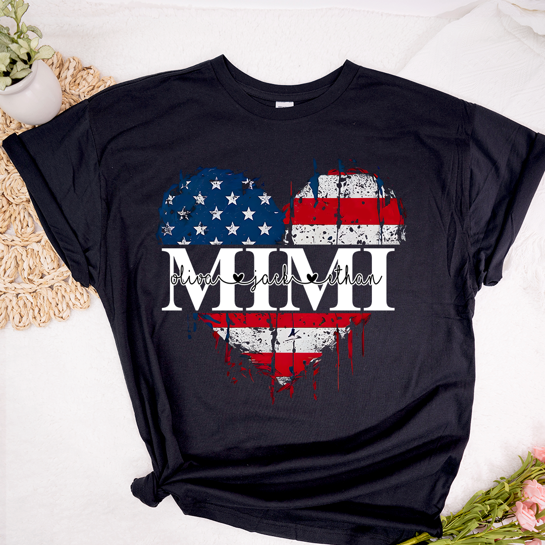 Personalized Mimi's Heart Flag T-shirt with Patriotic Design, Grandma Gigi Mama Mimi Shirt for 4th of July, Patriotic Gift for Mother's Day