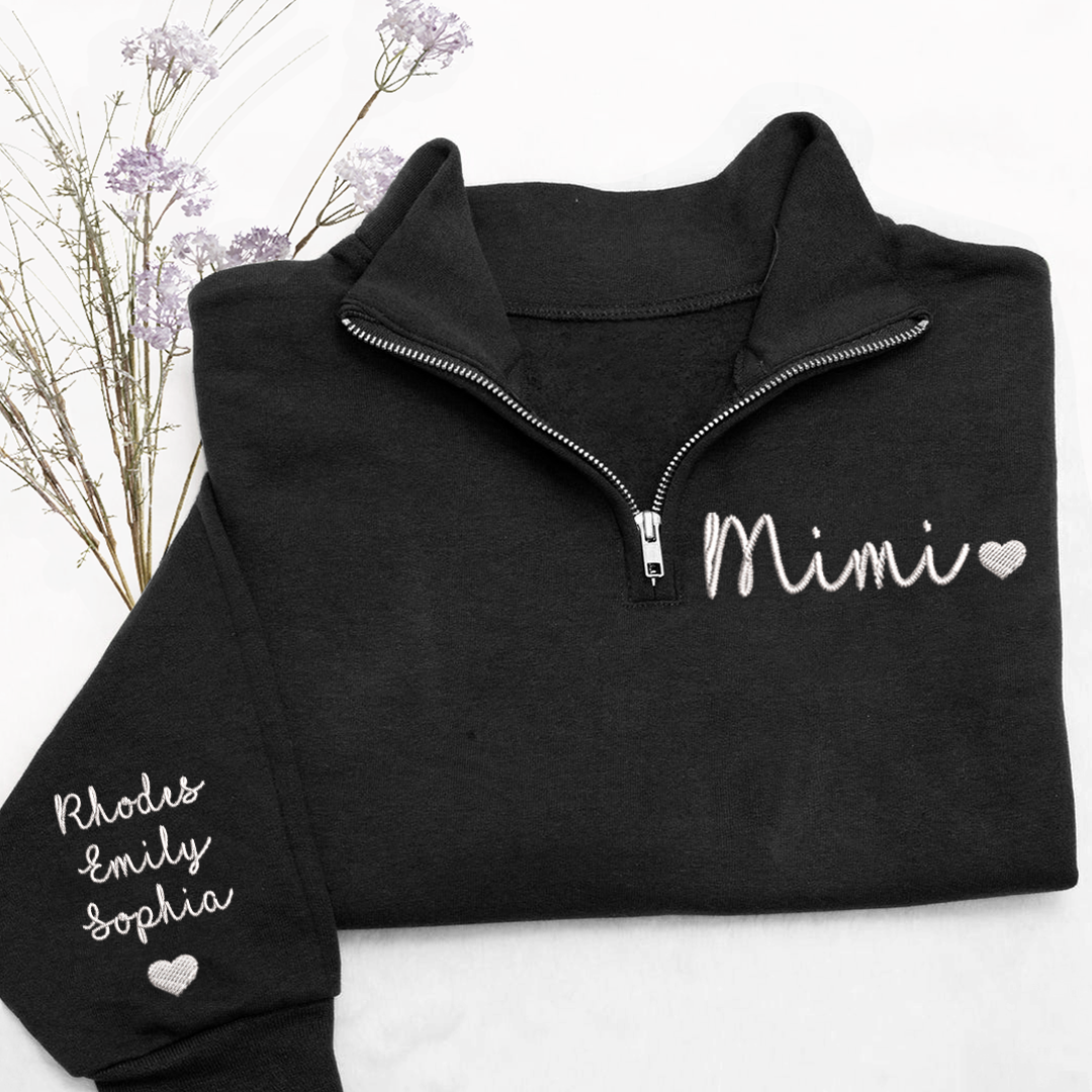 Personalized Mimi Heart Sweatshirt, Mimi And Grandkids Embroidered Quarter Zip Sweater