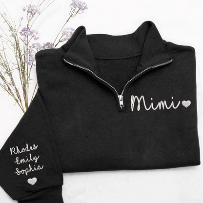 Personalized Mimi Heart Sweatshirt, Mimi And Grandkids Embroidered Quarter Zip Sweater
