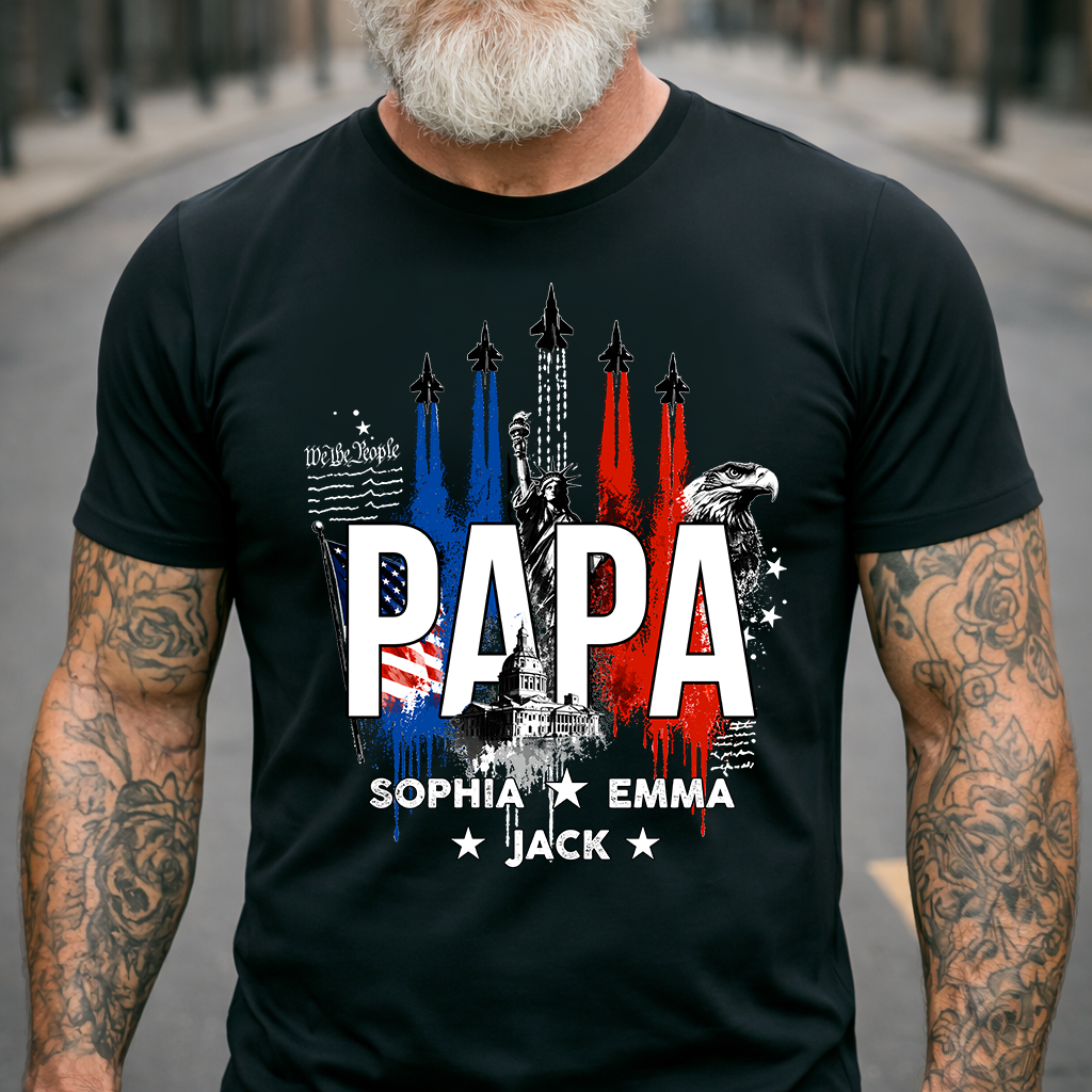 Personalized Papa Patriotic Shirt Custom Kids Names, American Flag Family Shirt Gift For Father's Day Birthday 4th of July