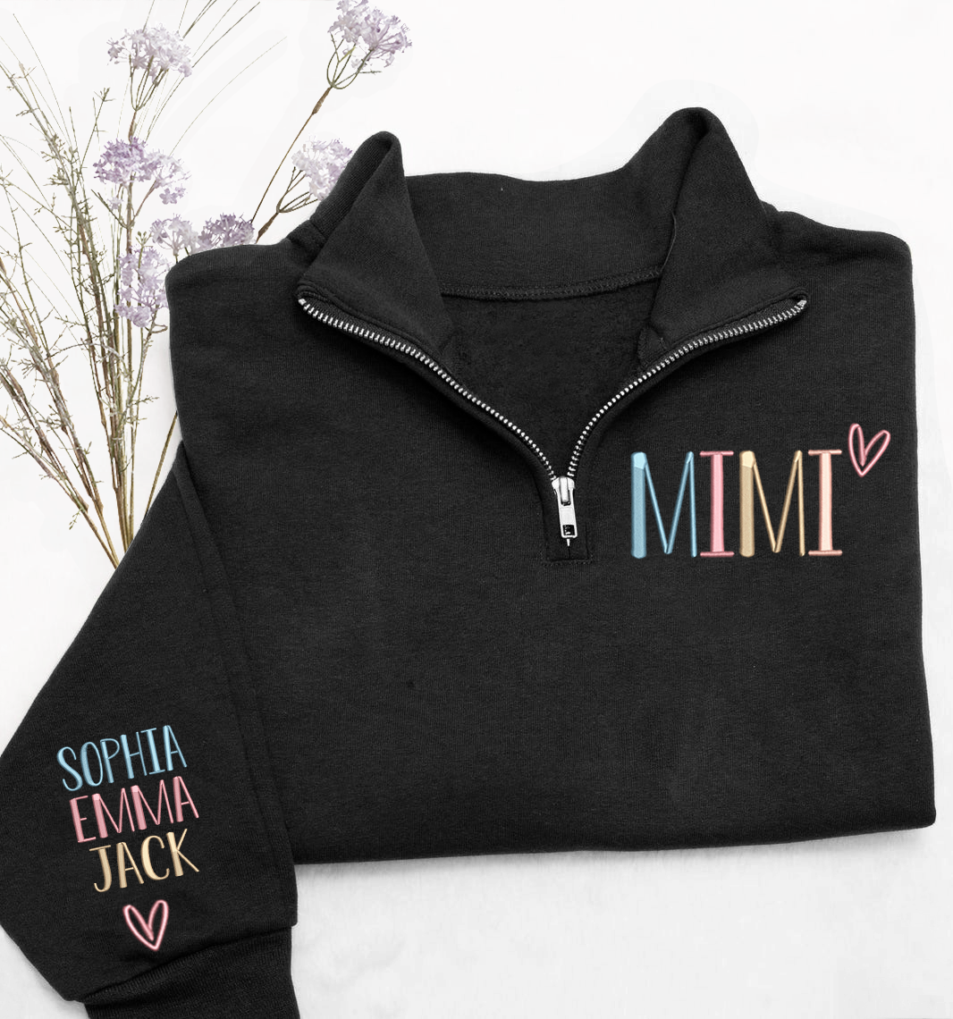 Mimi color Heart Sweatshirt, Personalized Mimi Embroidered Quarter Zip Sweater