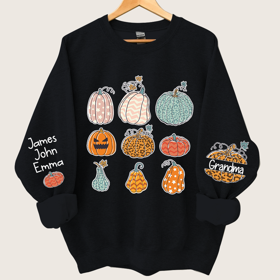 Personalized Grandma Pumpkin Varieties And Grandkids Names Sweatshirt