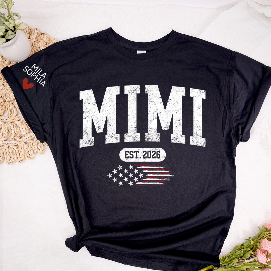 Personalized Mimi EST American Flag T-Shirt – Custom Mimi, Gigi, Nana Shirts, Patriotic Gift for Grandparents, Perfect for Mother’s Day and Birthdays