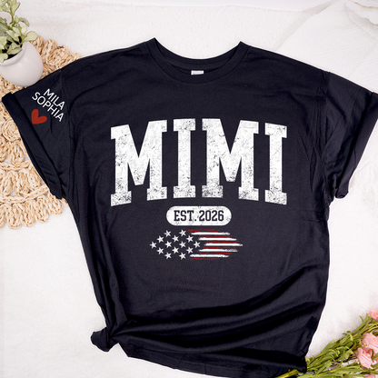 Personalized Mimi EST American Flag T-Shirt – Custom Mimi, Gigi, Nana Shirts, Patriotic Gift for Grandparents, Perfect for Mother’s Day and Birthdays