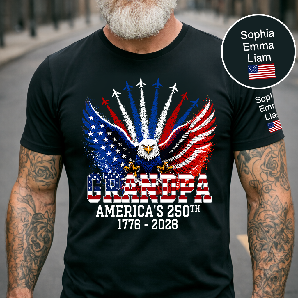 Personalized Grandpa Patriotic Eagle Shirt Custom Kids Names Sleeve, U.S. 250th Anniversary 1776 2026, Gift For Father's Day Birthday