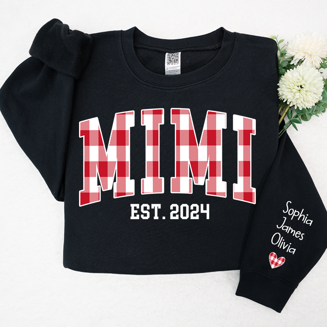 Personalized Nickname Mimi Buffalo Plaid And GrandKids Names Christmas 2024 Sweatshirt