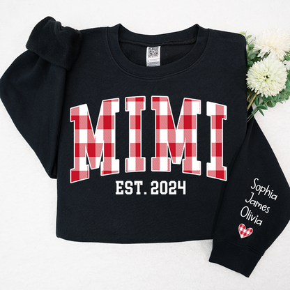 Personalized Nickname Mimi Buffalo Plaid And GrandKids Names Christmas 2024 Sweatshirt