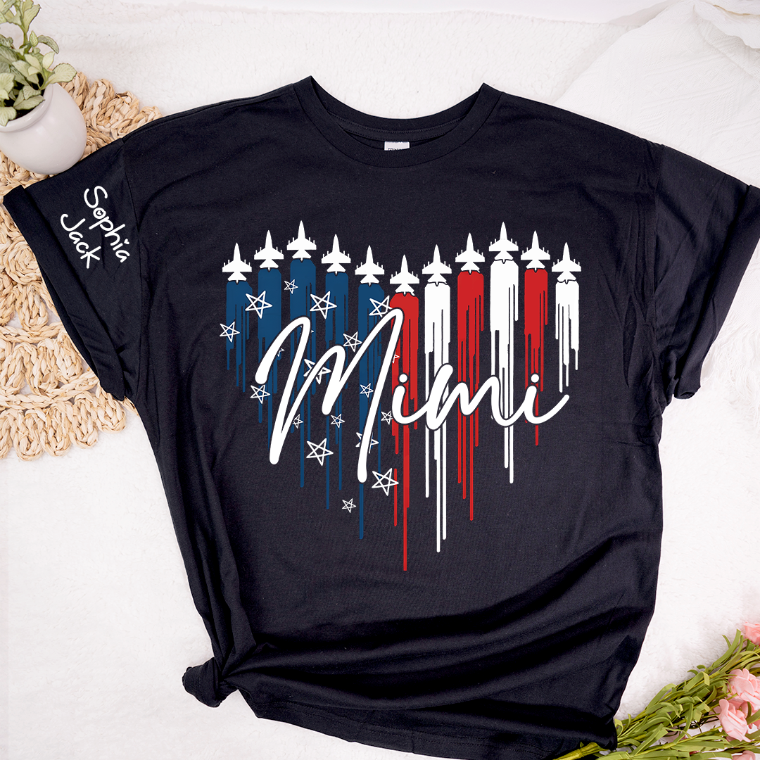 Personalized Mimi Patriotic Jet Heart USA Graphic Tee, Custom Family Nickname Shirt  for 4th of July, Gifts for Mother's Day, Birthday