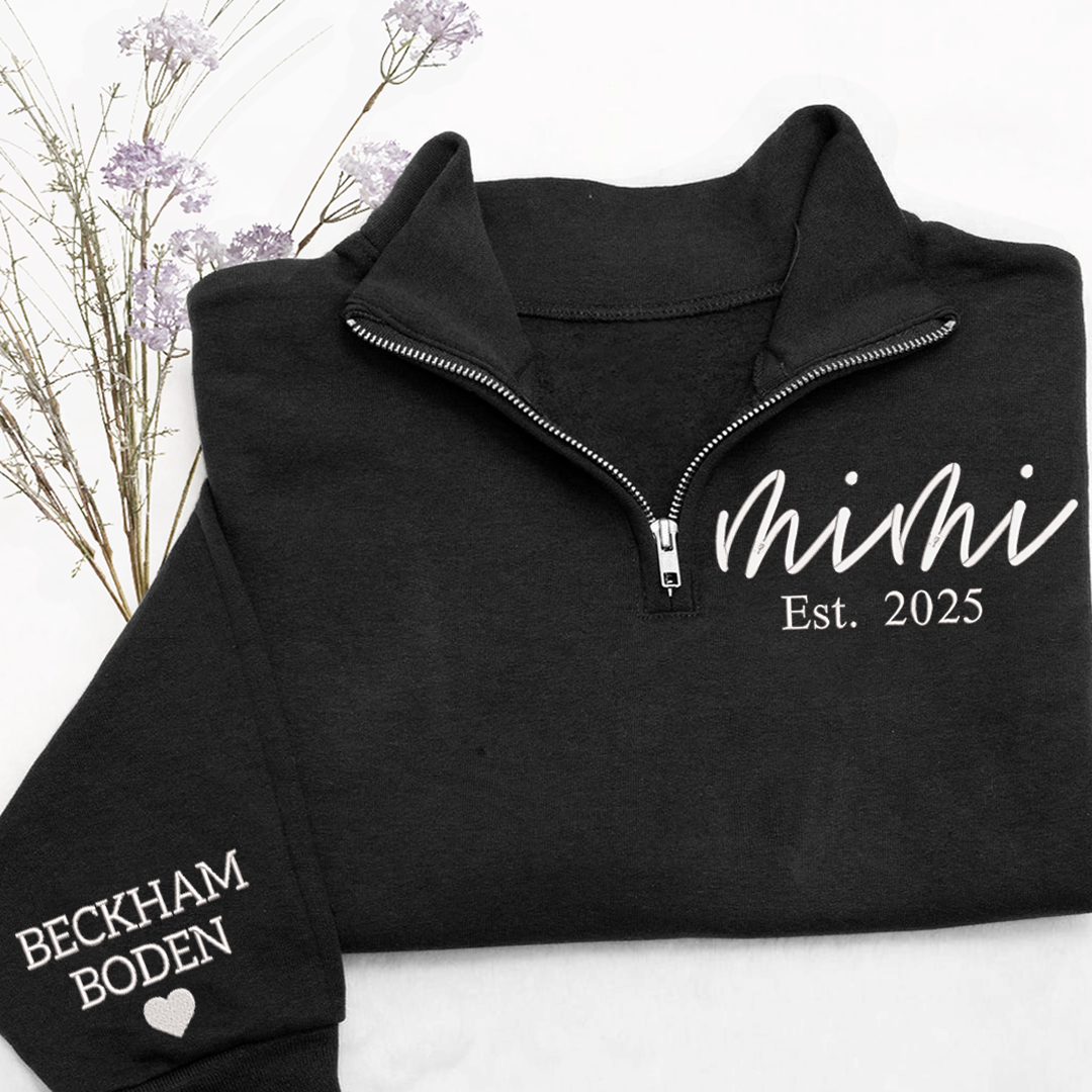 Mimi est Sweatshirt, Grandma And Grandkids Embroidered Quarter Zip Sweater