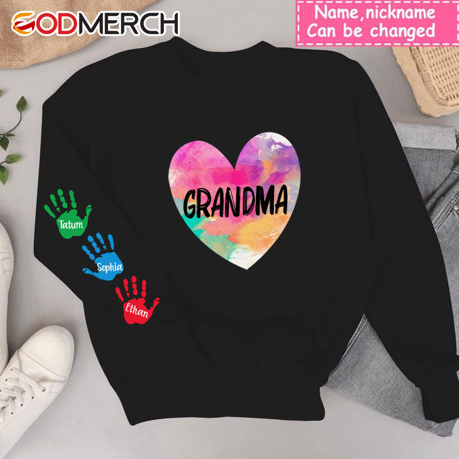 Personalized Grandma and Grandkids Hands Colorful, Grandma Grammy Mom Nana Mama Abuela And Grandkids, Hearts, Valentine's Day, Mother's Day Sweatshirt