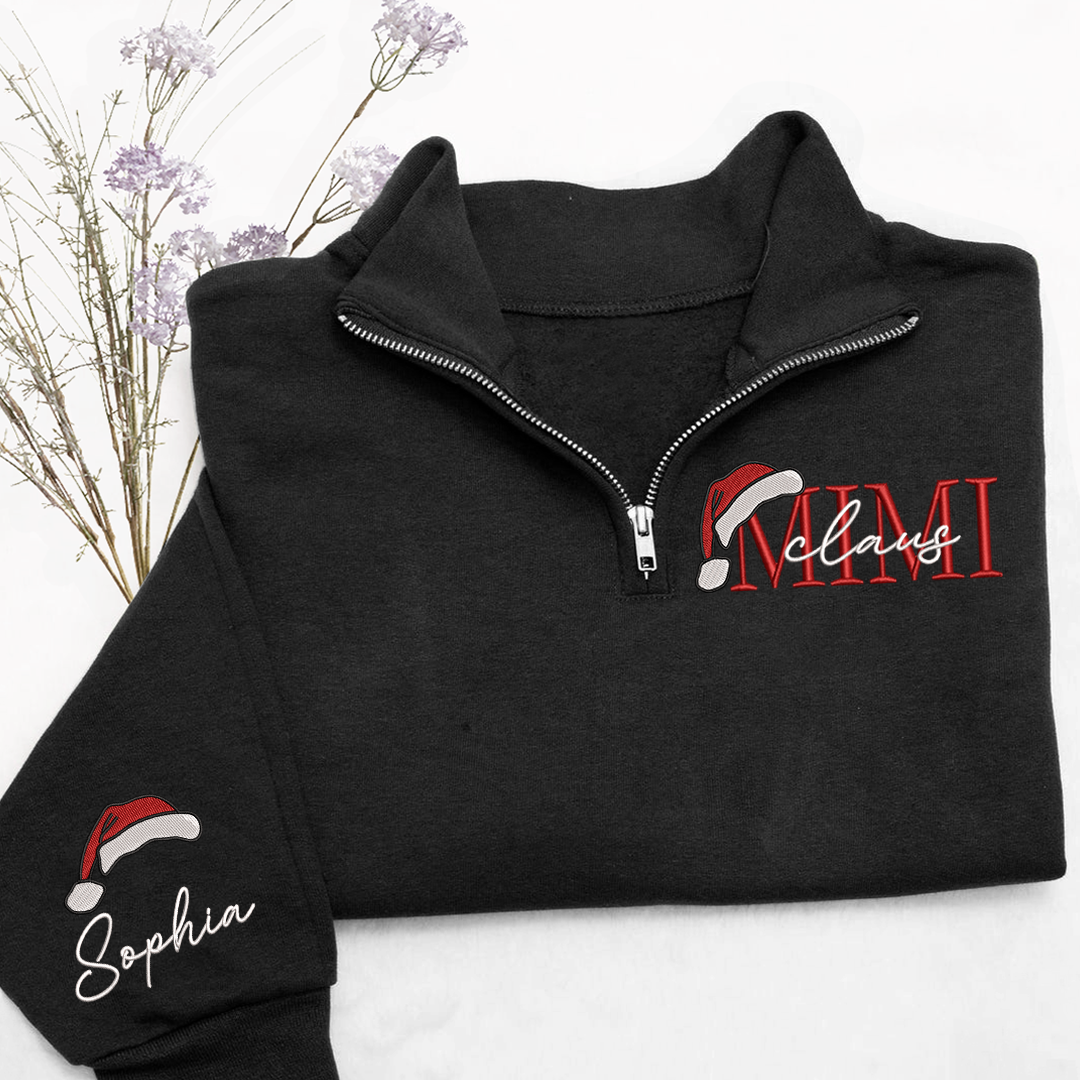 Mimi Claus Sweatshirt, Grandma And Grandkids Embroidered Quarter Zip Sweater