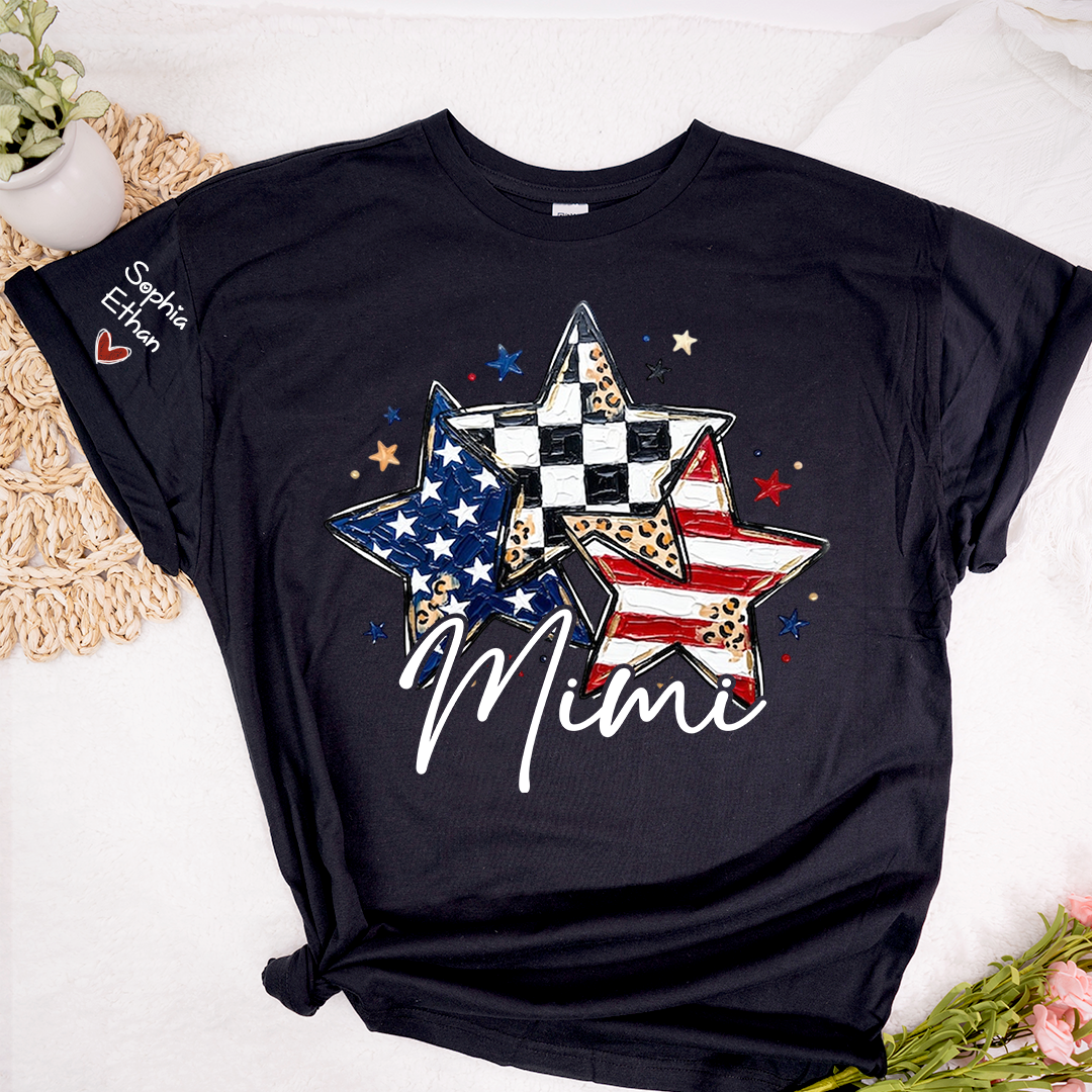 Personalized American Flag Star T-Shirt – Custom Mimi, Gigi, Nana Shirts, Fun Patriotic Gift for Grandparents, Perfect for Mother’s Day, Independence Day, and Birthdays