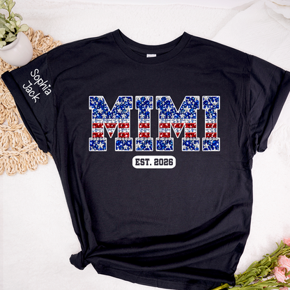 Mimi Faux Rhinestone Patriotic USA Flag Shirt Custom Nickname T-Shirt with Kids Names on Sleeve Est 2026 4th of July Mothers Day Family Matching Tee for Grandma Nana Gigi