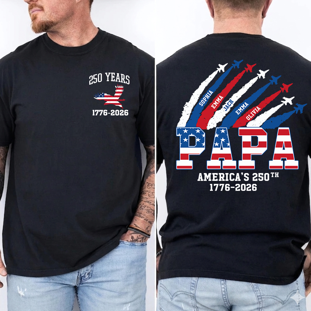 Personalized Papa 250 Years Shirt, Custom Kids Names Airplane Shirt, Patriotic American Flag Papa Tee, Grandpa Fathers Day Shirt, 4th of July Family Gift 1776 2026