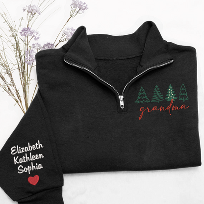 Grandma Tree Merry Christmas Sweatshirt, Grandma And Grandkids Embroidered Quarter Zip Sweater
