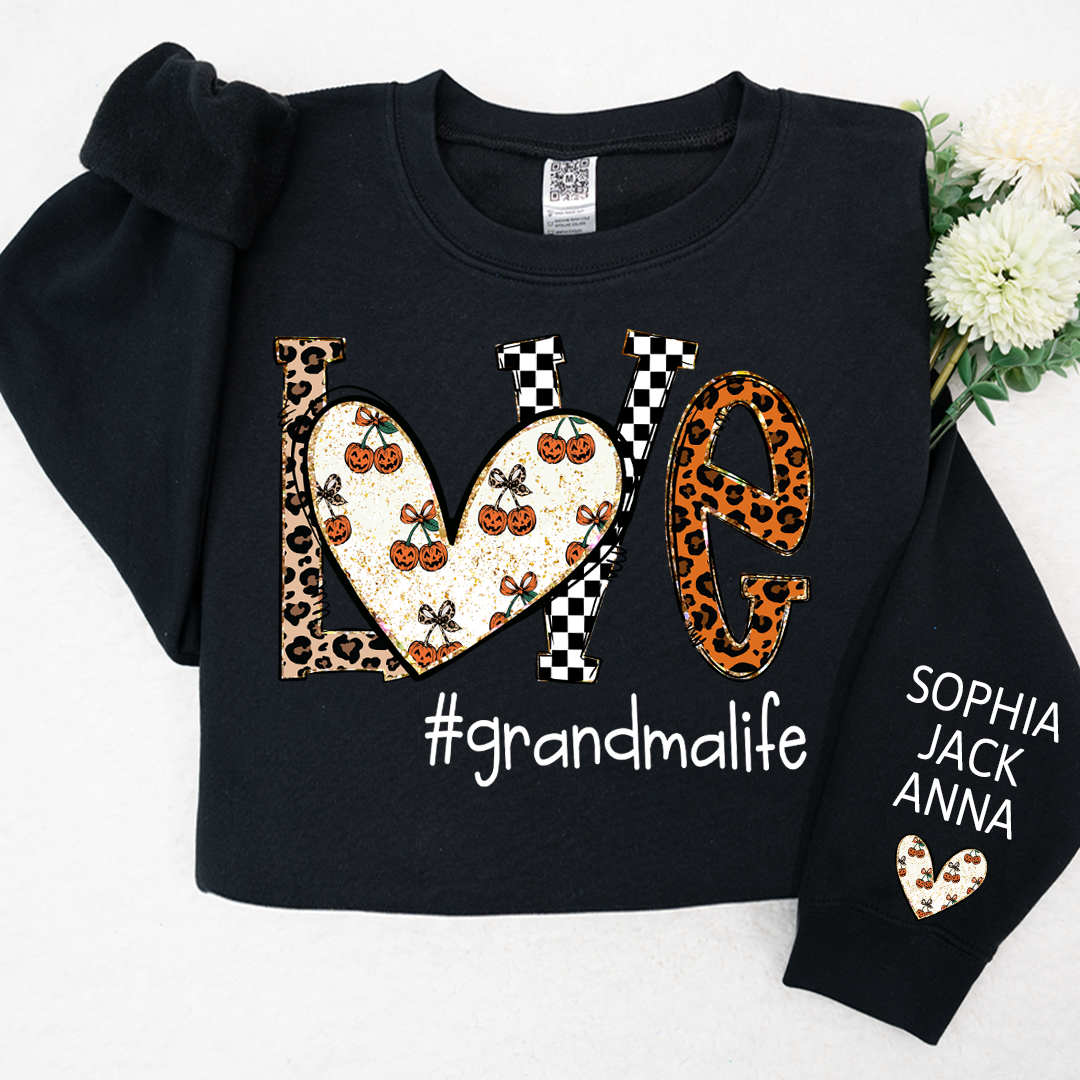 Love grandmalife Pumpkin Leopard Gift For Grandma And Grandkids Names on Sleeve Sweatshirt
