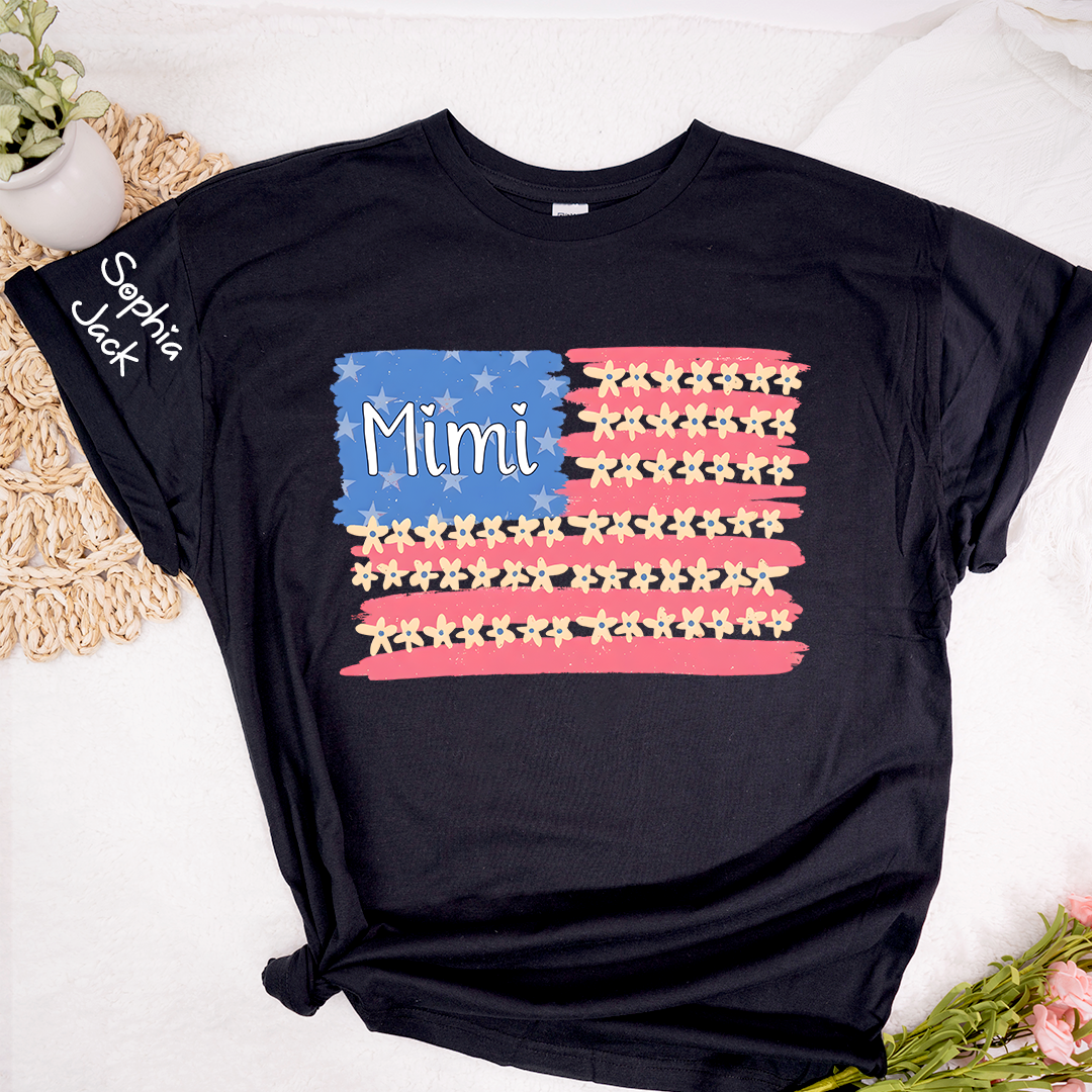 Personalized Mimi Flag Flower American T-shirt , Personalized Mimi Gigi Grandma Nana Shirt for 4th of July, Mother's Day, Birthday Gift, Custom Family Names