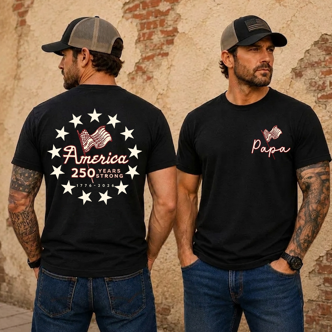 Personalized Papa America 250 Years Strong Shirt, Patriotic American Flag Shirt, 1776 2026 USA Celebration, Fathers Day Gift for Papa Grandpa Dad, Independence Day Shirt