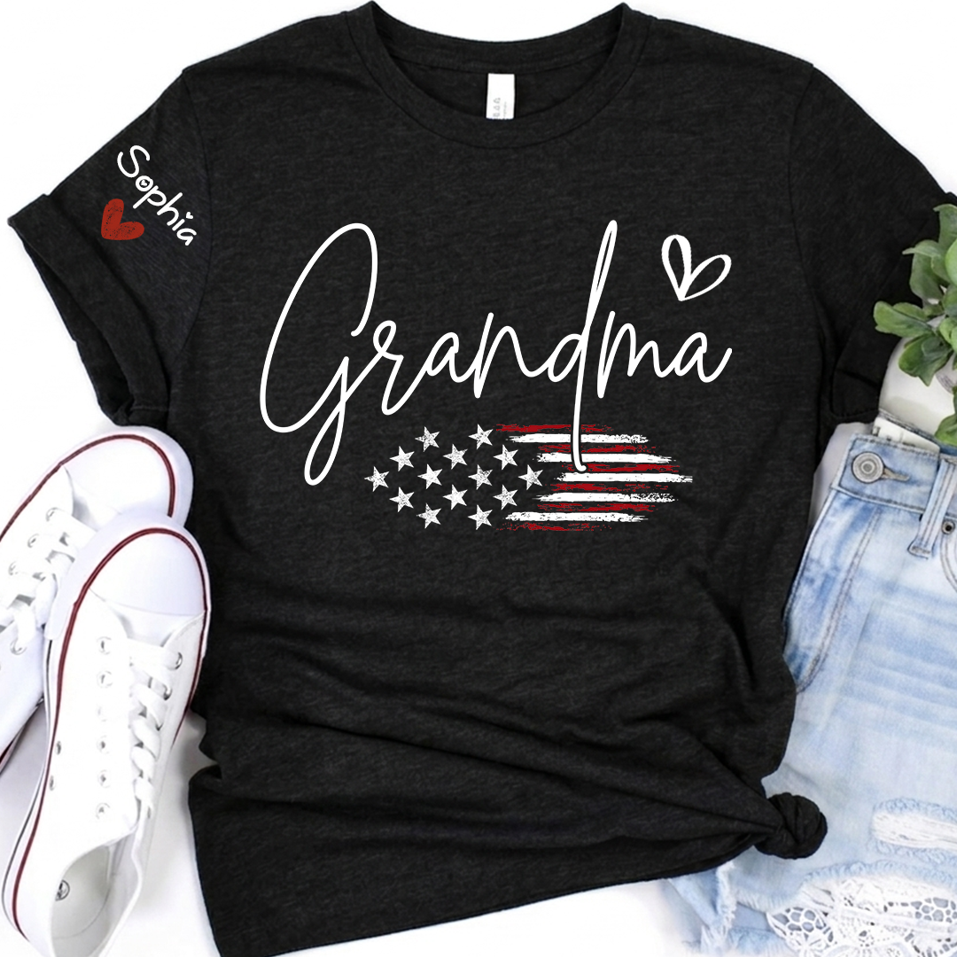 Personalized Grandma American Flag T-Shirt, Custom Design with Name, Patriotic Family Shirt for 4th of July, Gifts for Mother's Day, Birthday