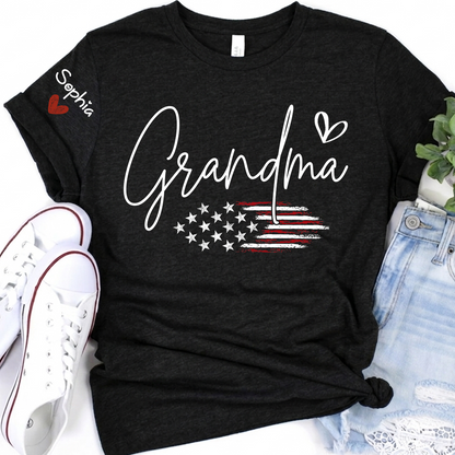 Personalized Grandma American Flag T-Shirt, Custom Design with Name, Patriotic Family Shirt for 4th of July, Gifts for Mother's Day, Birthday