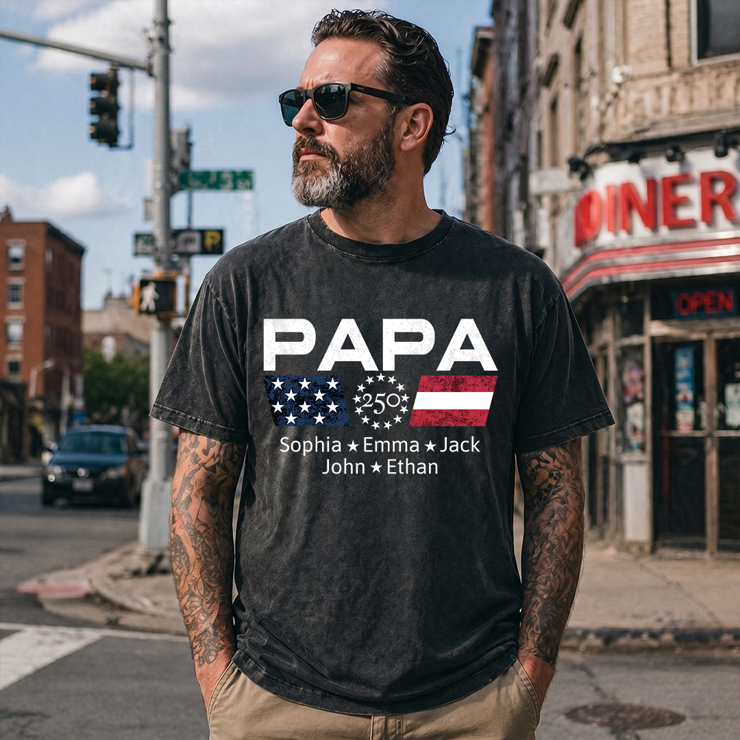 Mineral Wash  Personalized Papa 250 Years Of Freedom  -Shirt With Kids Names Sleeve, Patriotic Grandpa Family, U.S. 250th Anniversary 1776 2026 Gift For Fathers Day Birthday
