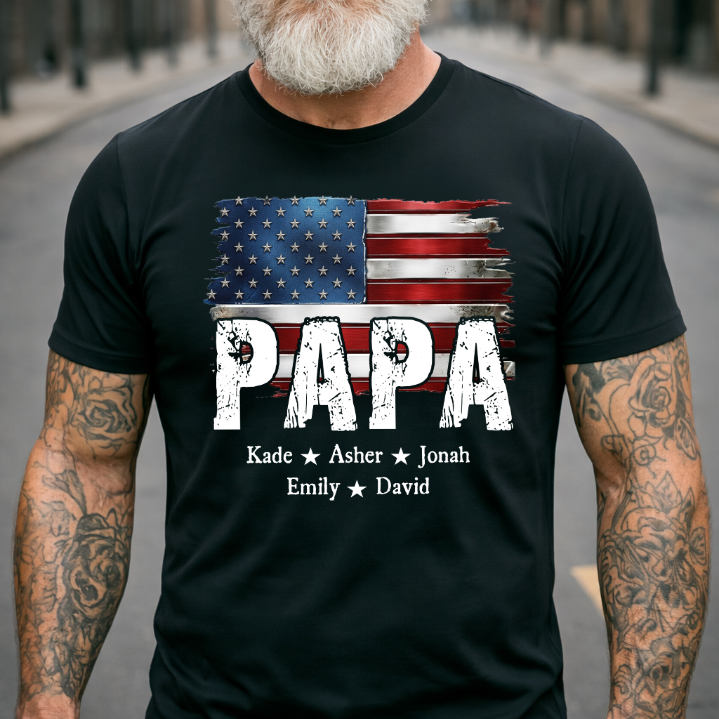Personalized Papa Shirt Custom Kids Names Patriotic USA Flag, Custom Family Nickname for Dad Grandpa Birthday Father's Day Gift